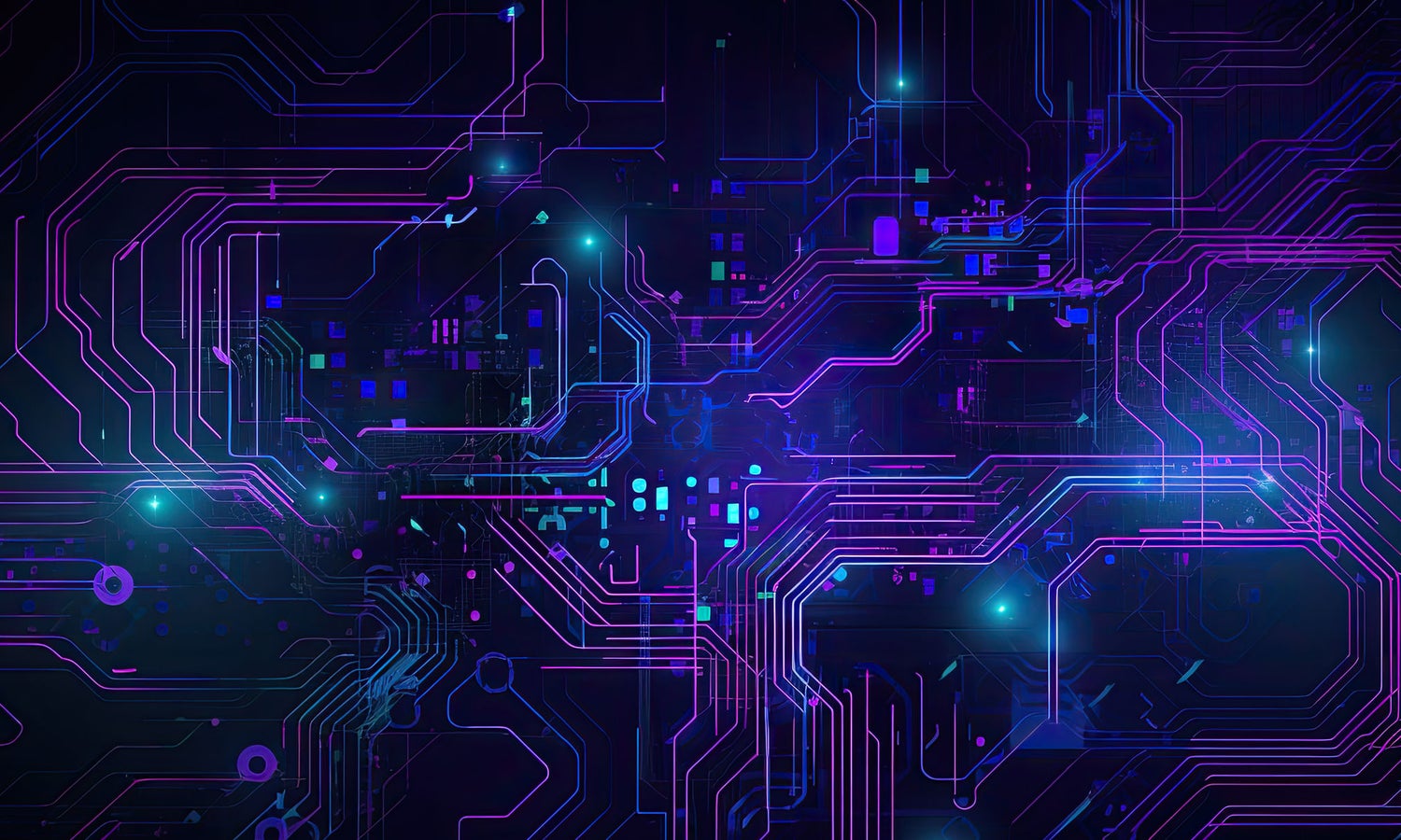 Digital representation of a circuitry in teal, blue, and purple against a black background